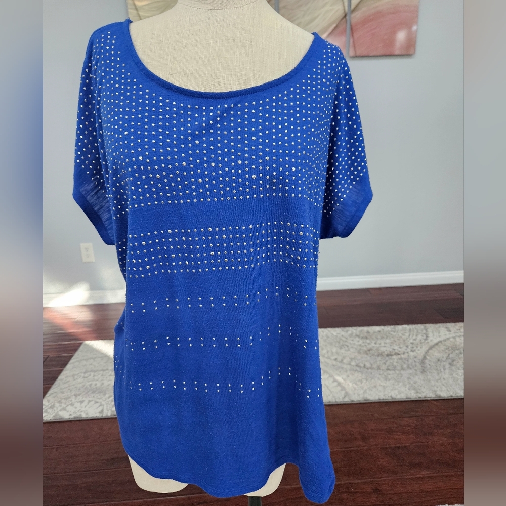 APT 9- Women's Blue Bling Bejeweled Short sleeved top,blouse SZ XL